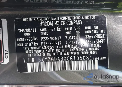 2012 Hyundai Santa Fe Gls z USA, uszkodzony, nr VIN 5XYZGDAB0CG105081